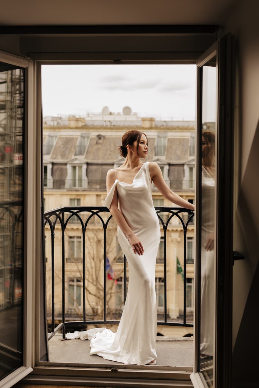 Bride-to-be Sunset Pre-wedding Photoshoot in Parisian Balcony long dress