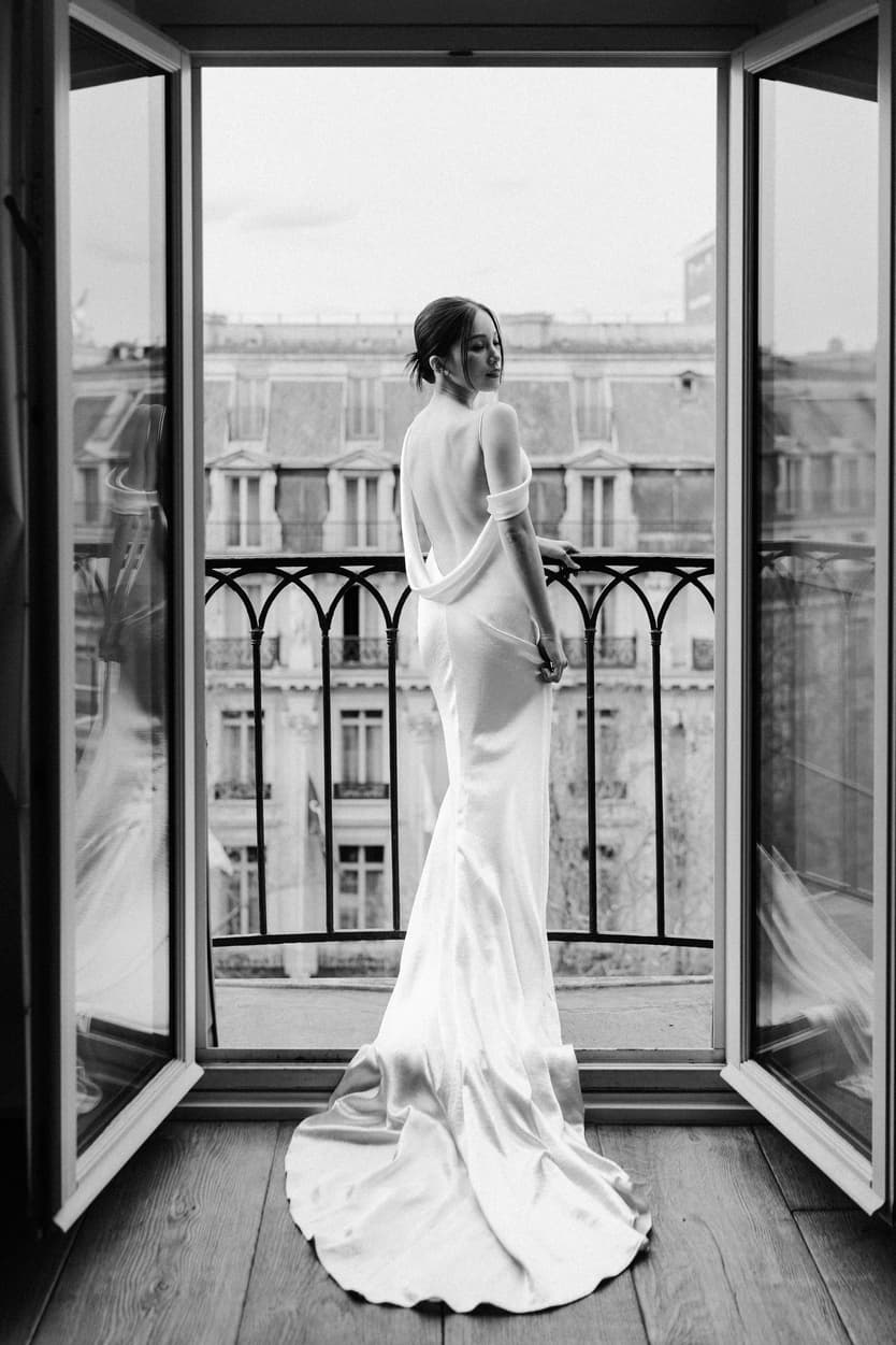 Bride-to-be Sunset Pre-wedding Photoshoot in Parisian Balcony long dress