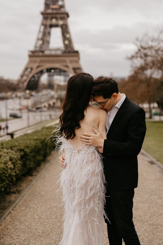 Paris Pre-wedding outfit inspiration fashion forward dress with feathers