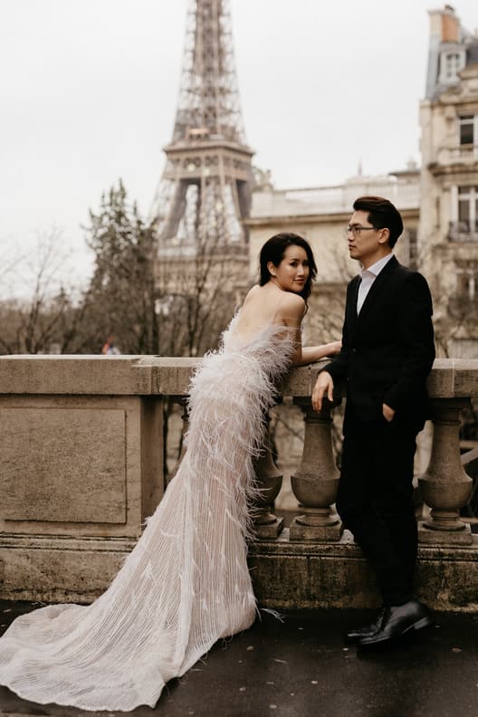 Paris Pre-wedding outfit inspiration fashion forward dress with feathers