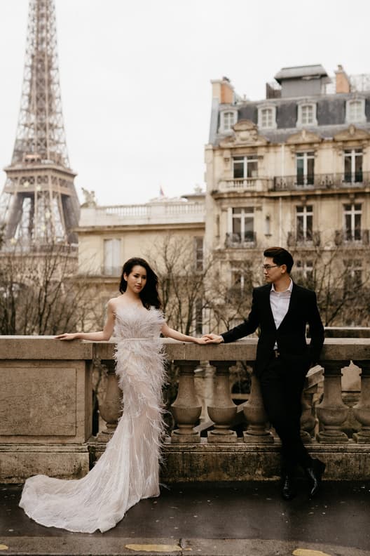 Paris Pre-wedding outfit inspiration fashion forward dress with feathers
