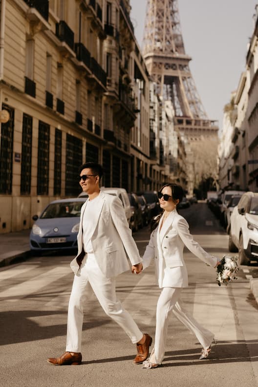 Paris Pre-wedding outfit inspiration bridal suit in white