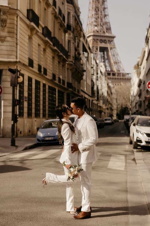 Paris Pre-wedding outfit inspiration bridal suit in white
