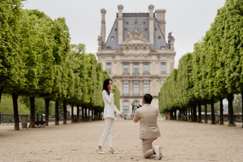 Couple full-day Pre-wedding Photoshoot in Paris Tuileries Garden matching suits