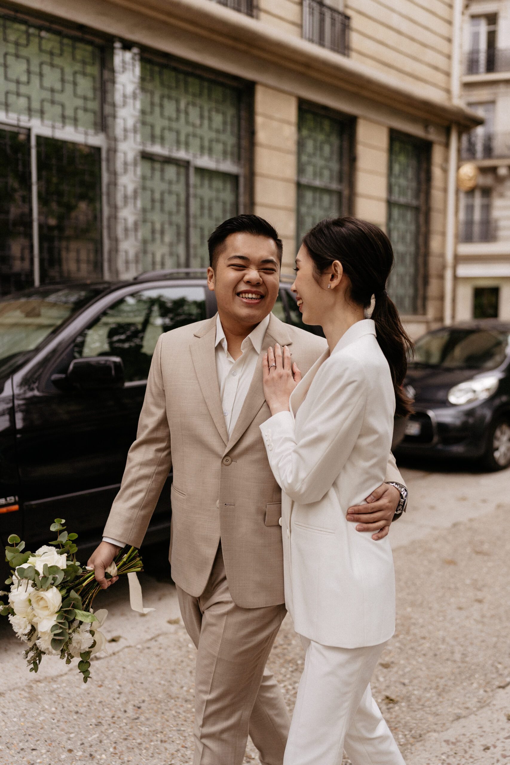 Couple full-day Pre-wedding Photoshoot in Paris with Eiffel Tower view matching suits