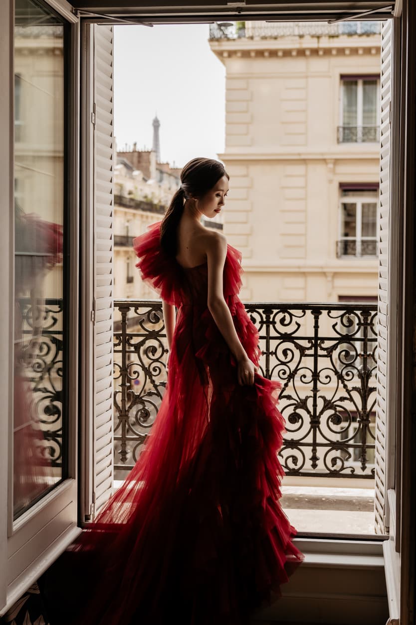 Couple full-day Pre-wedding Photoshoot in Paris hotel balcony, bride with red dress