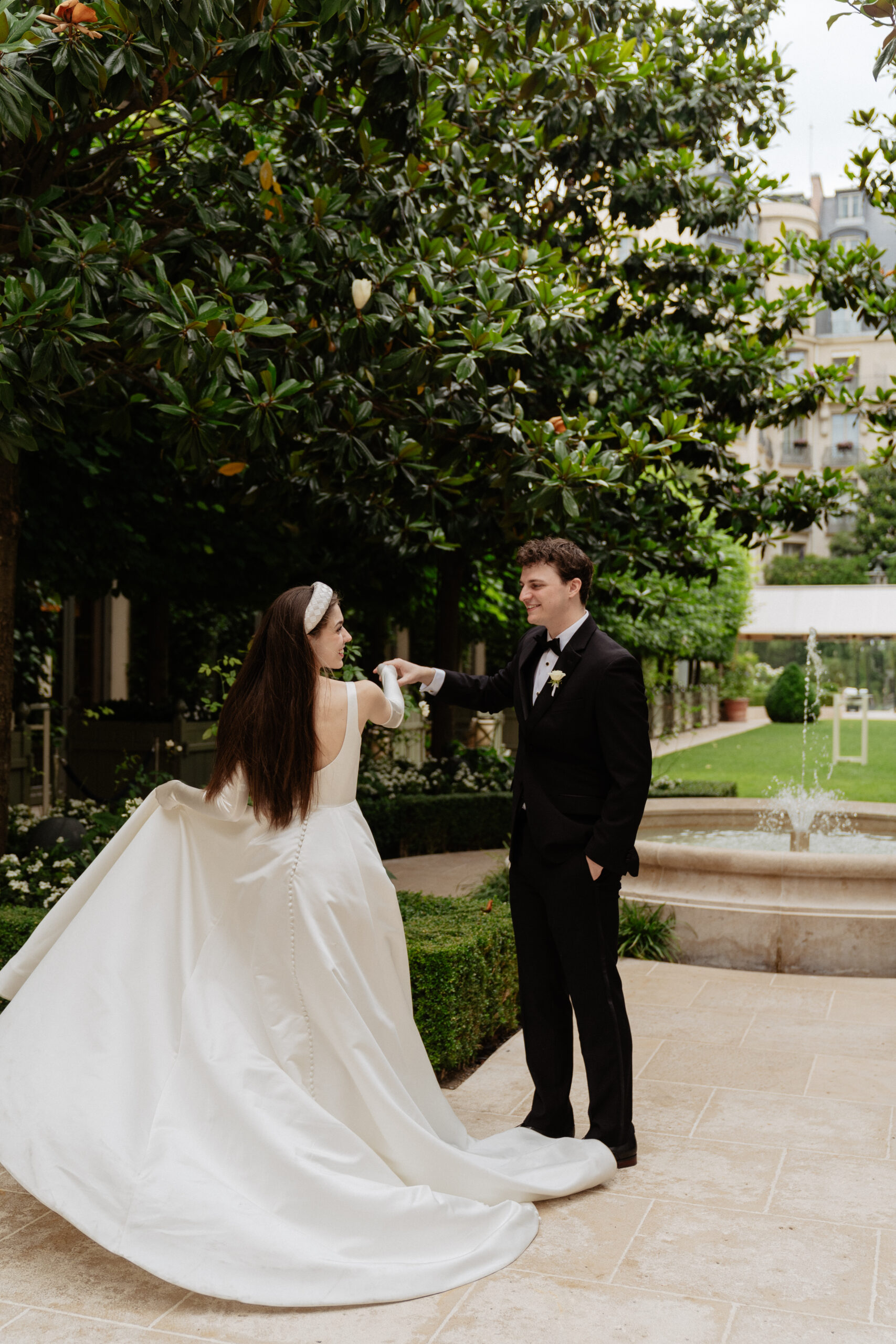 Destination wedding elopement at the luxurious Ritz Paris couple dancing in the garden