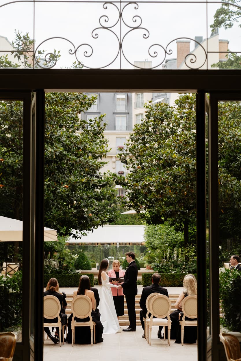 Destination wedding elopement at the luxurious Ritz Paris garden ceremony