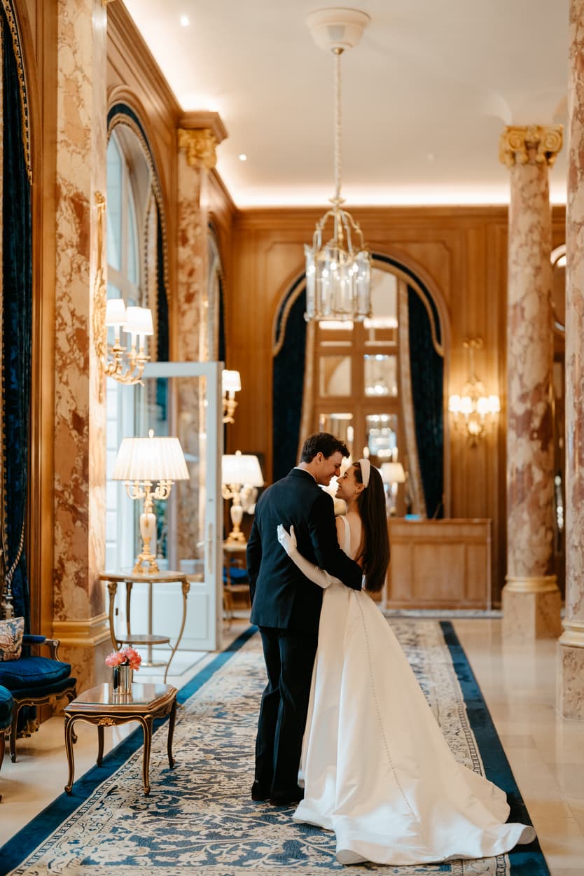 Destination wedding elopement at the luxurious Ritz Paris couple looking at each other