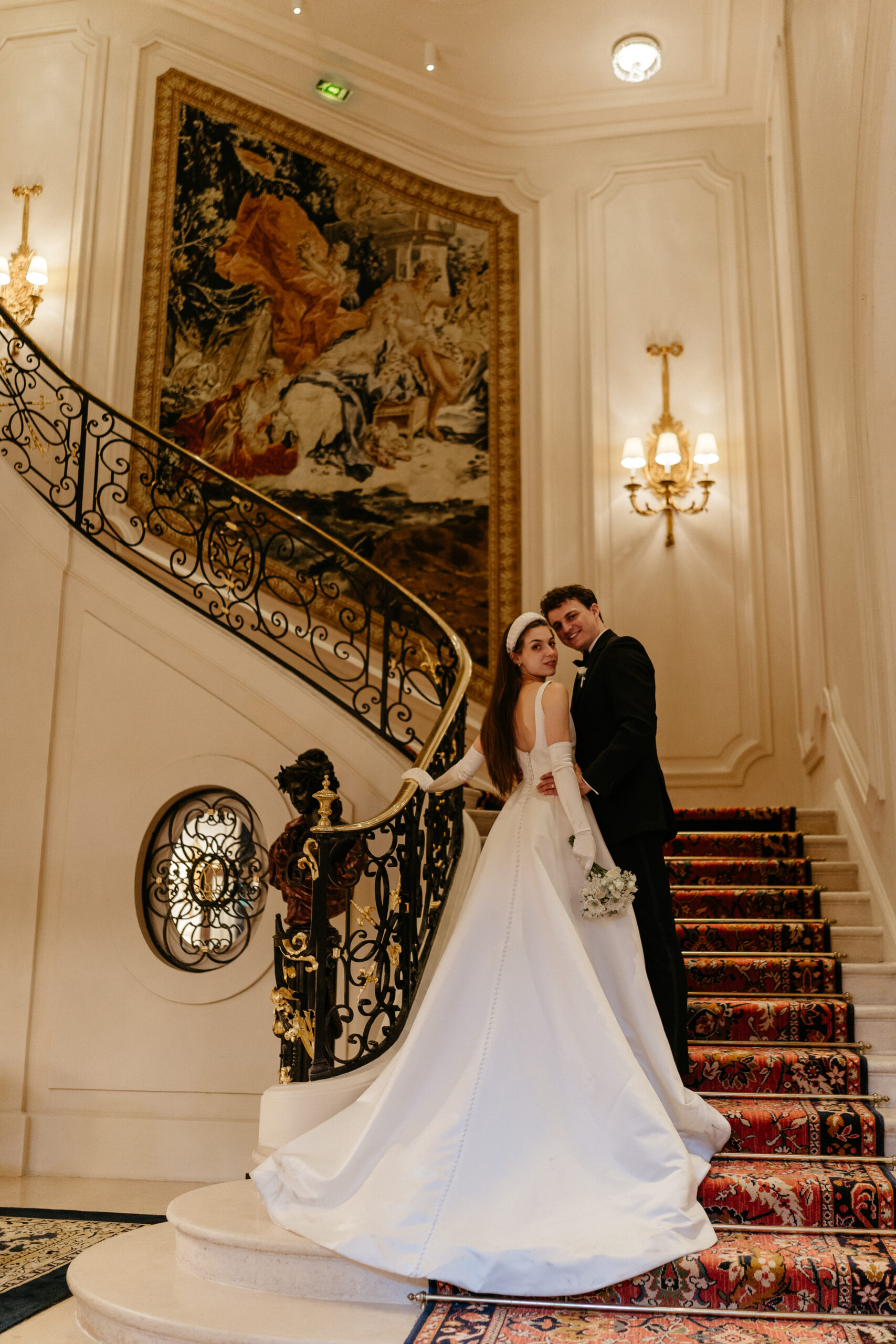 Destination wedding elopement at the luxurious Ritz Paris couple in the stairs