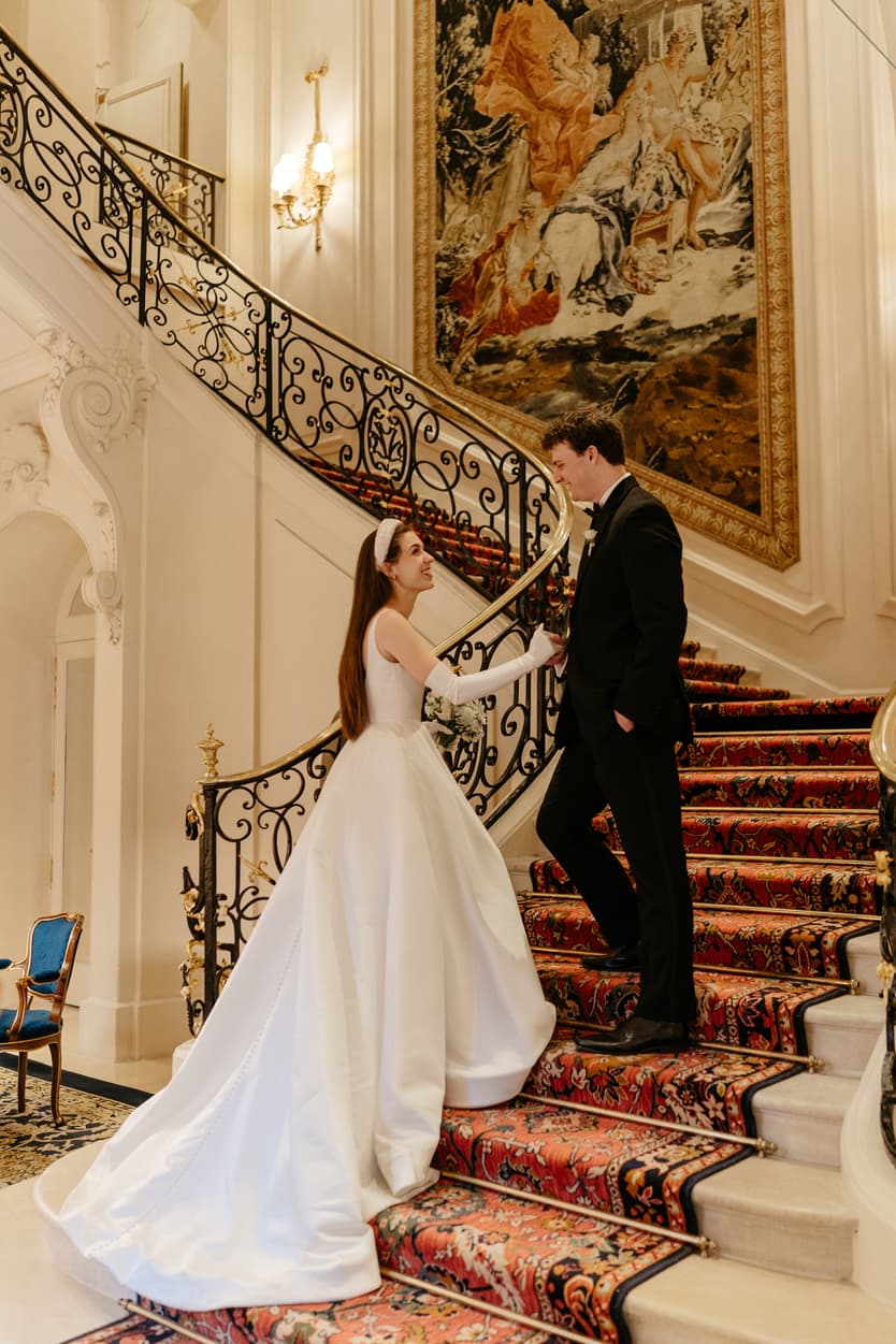 Destination wedding elopement at the luxurious Ritz Paris couple in the stairs