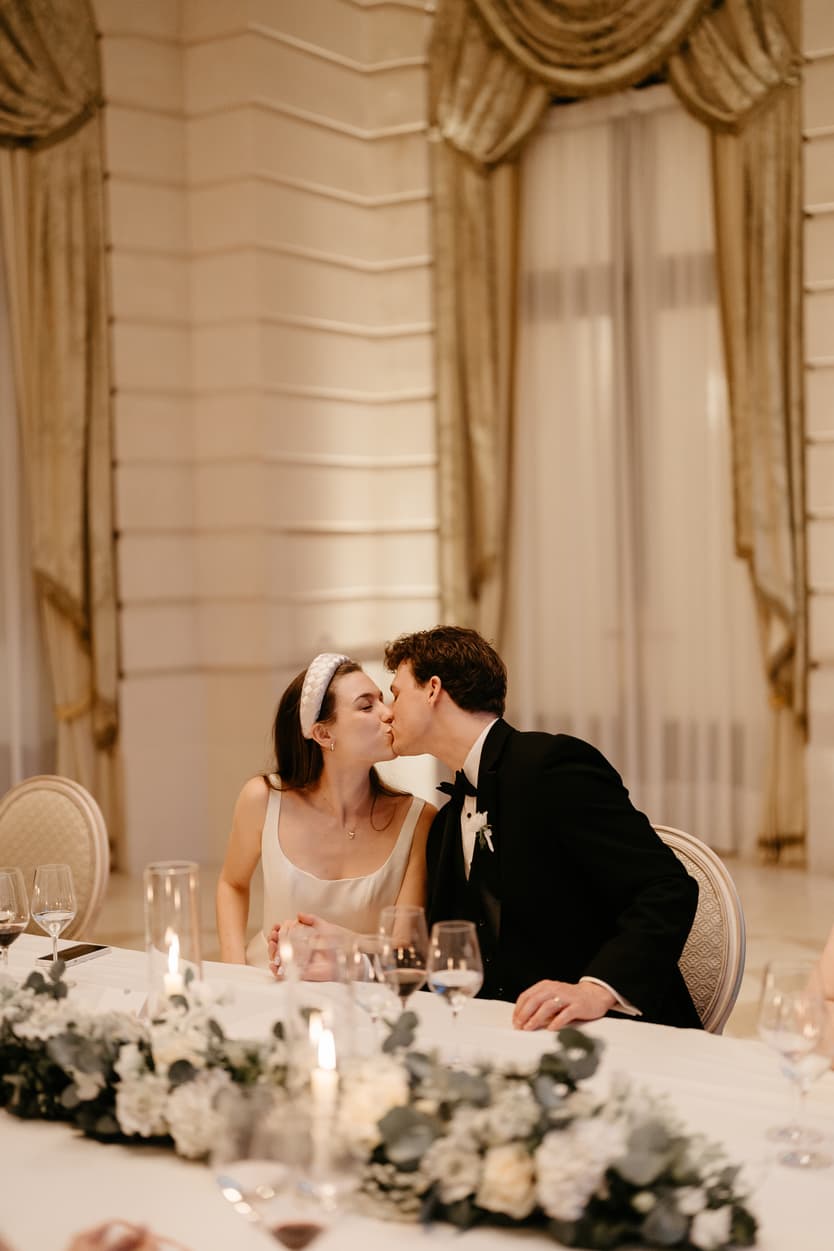 Destination wedding elopement at the luxurious Ritz Paris couple during dinner