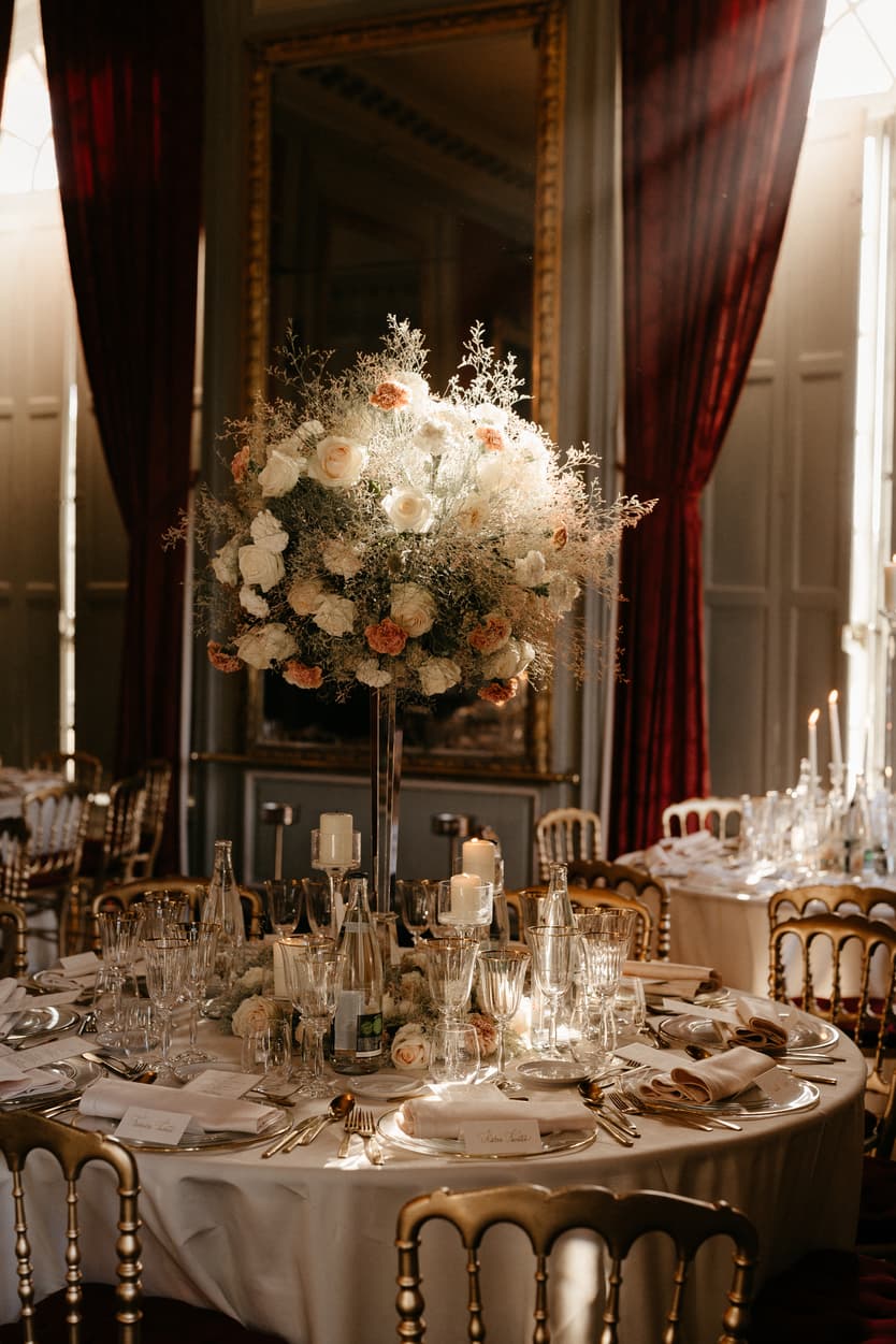 A tall arrangement of cream roses and gypsophila on the reception table, candles either side