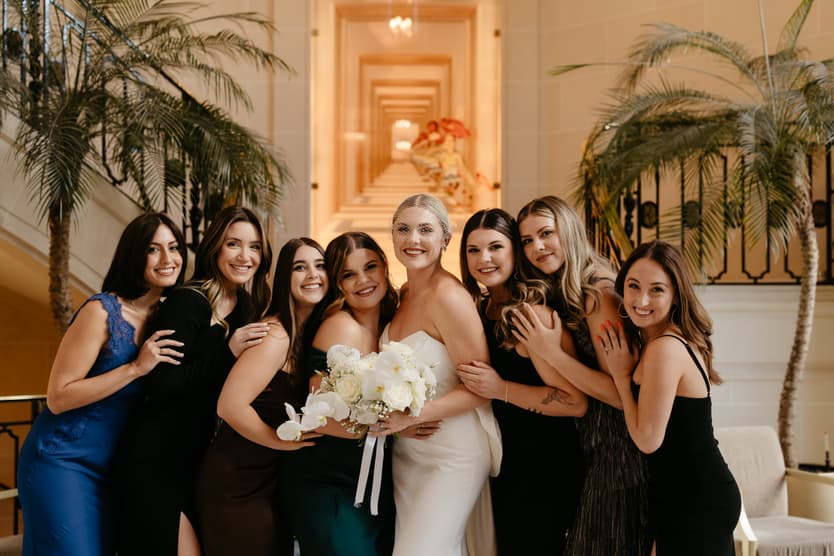 Destination elopement wedding Paris Hotel du Louvre first look with bridesmaids