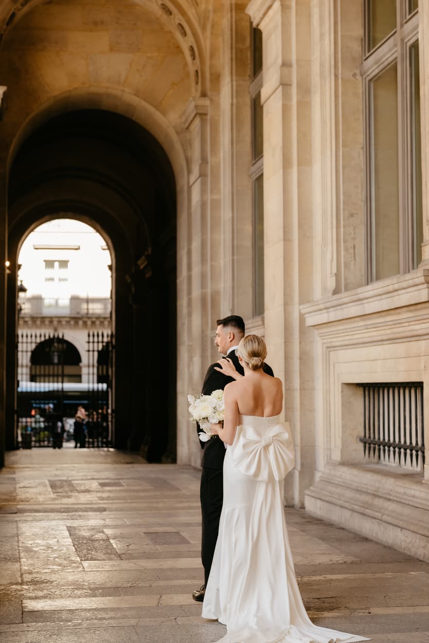 Destination elopement wedding Paris first look Louvre