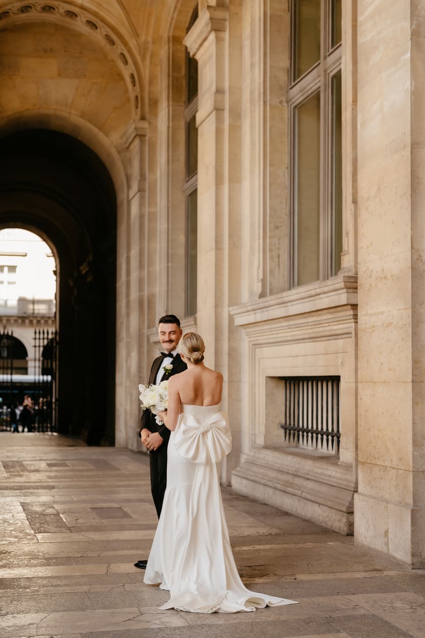 Destination elopement wedding Paris first look Louvre