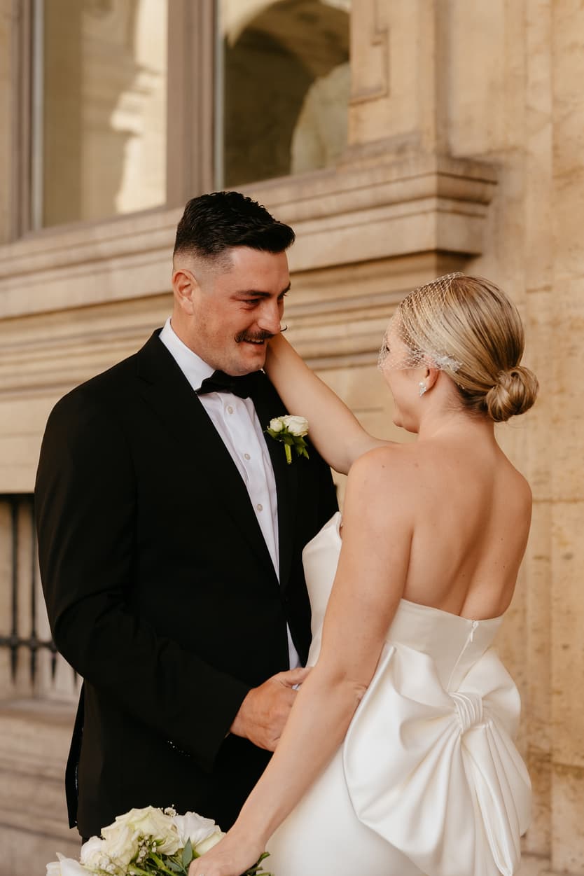Destination elopement wedding Paris first look Louvre