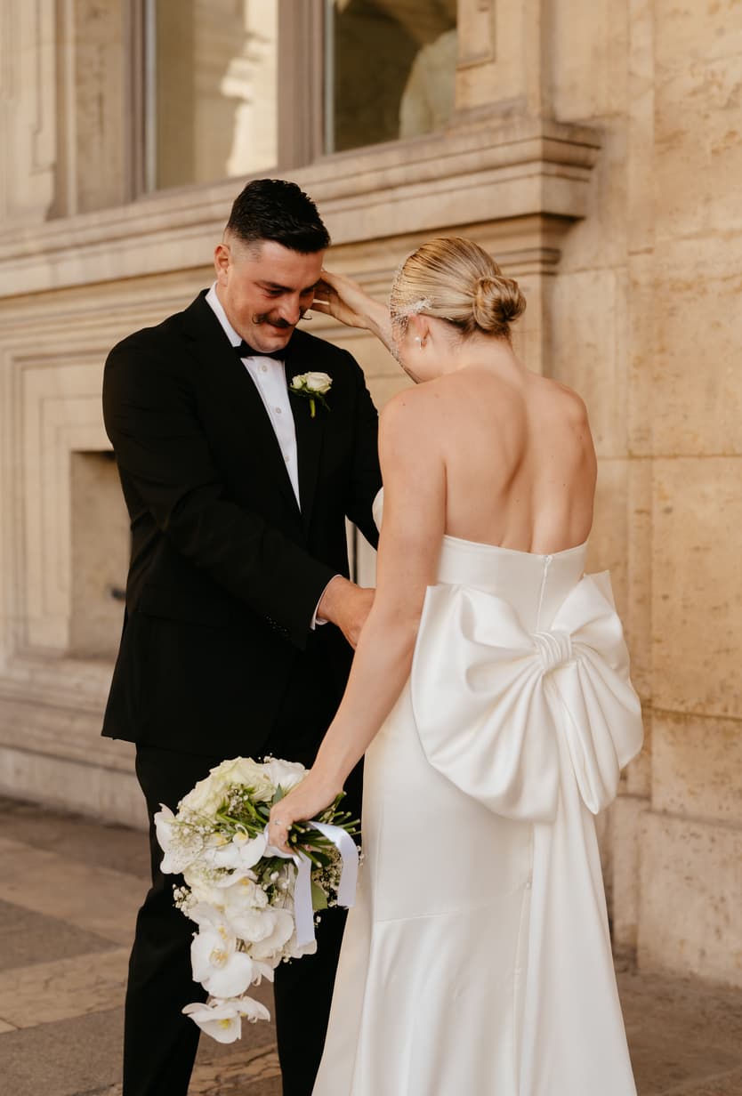 Destination elopement wedding Paris first look Louvre