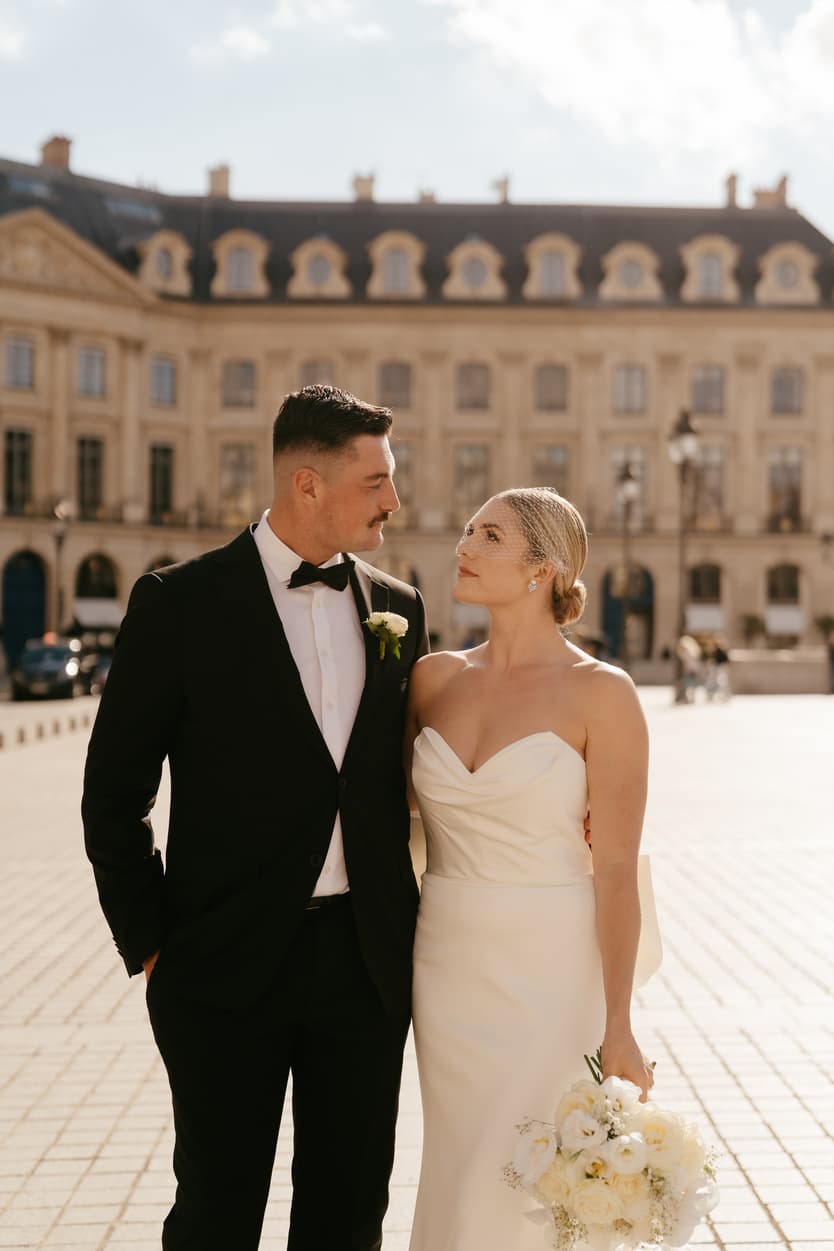 Destination elopement wedding Paris Place Vedome couple 