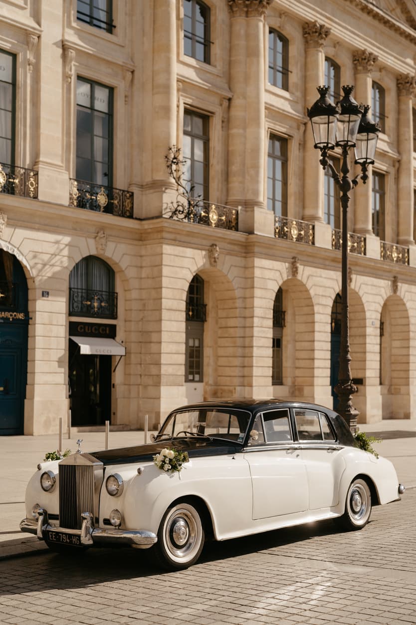 Destination elopement wedding Paris Place Vedome vintage car 