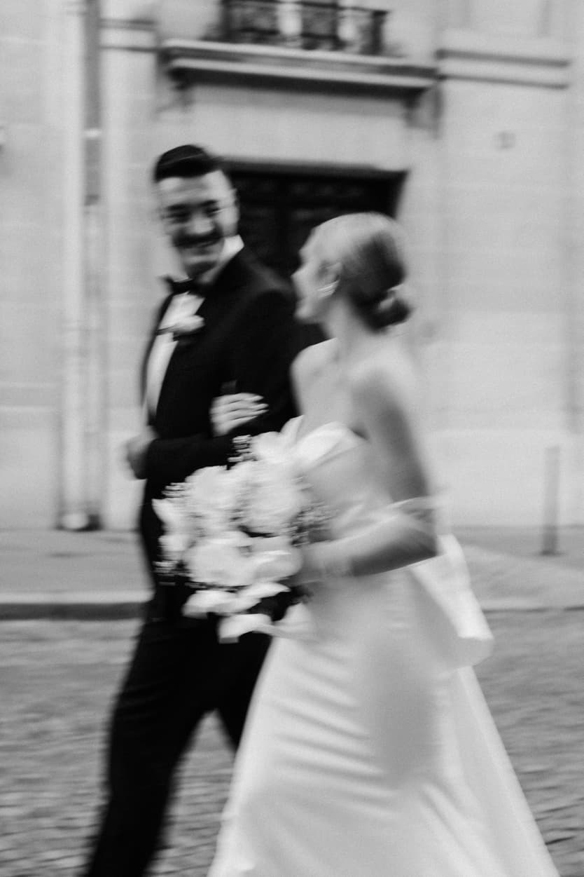 Destination elopement wedding Paris street couple walking 
