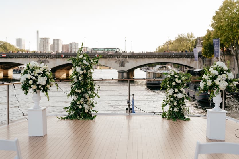 Destination elopement wedding Paris yacht ceremony with Eiffel Tower backdrop