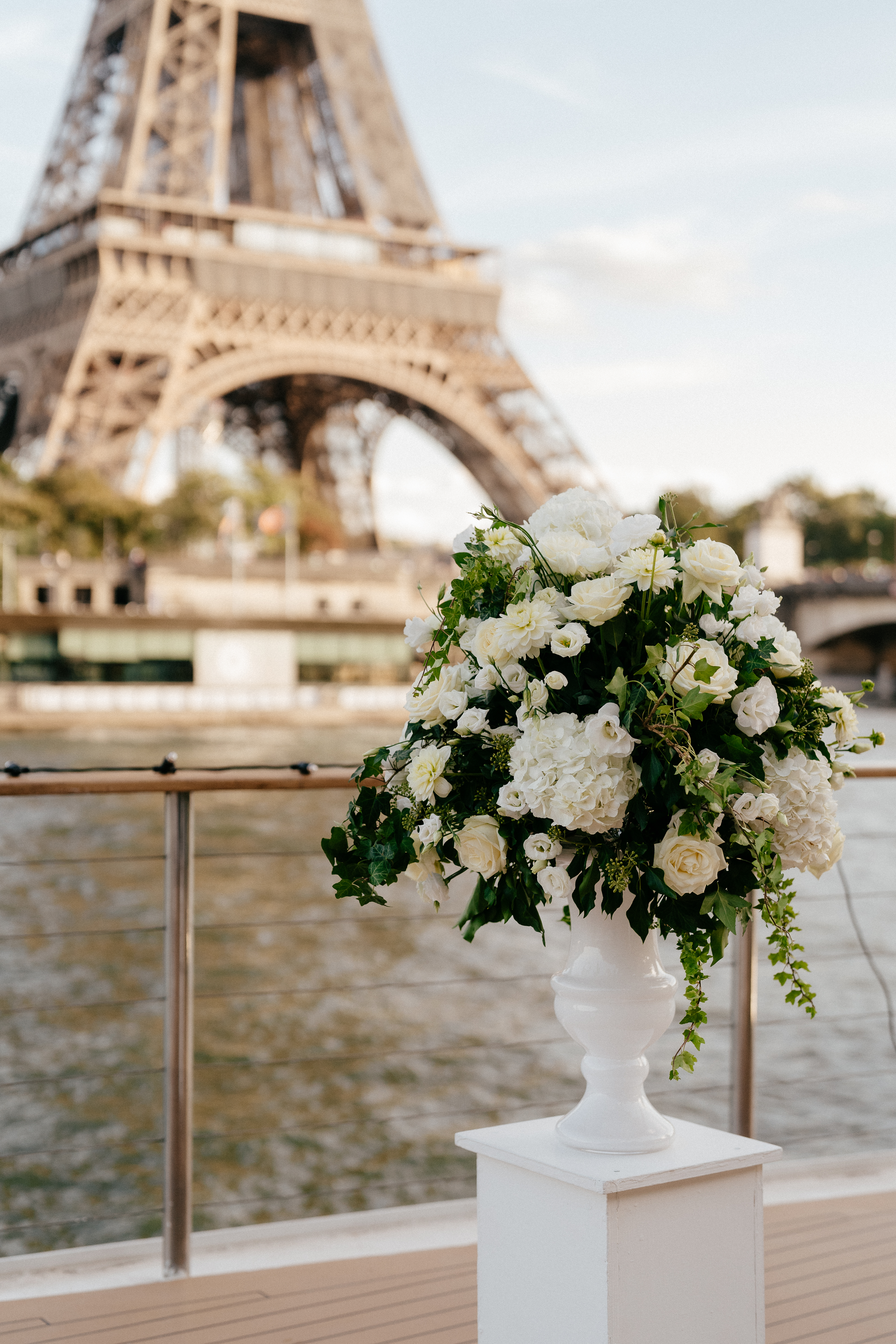 Destination elopement wedding Paris yacht ceremony with Eiffel Tower backdrop