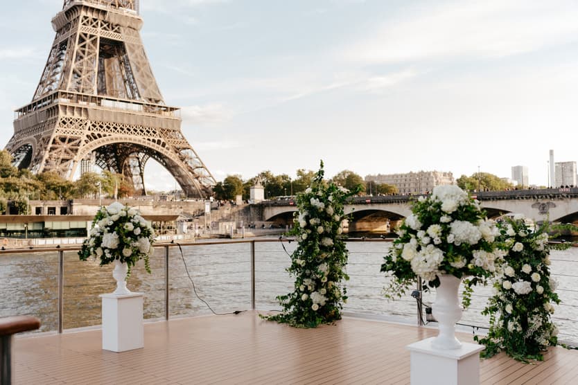 Destination elopement wedding Paris yacht ceremony with Eiffel Tower backdrop