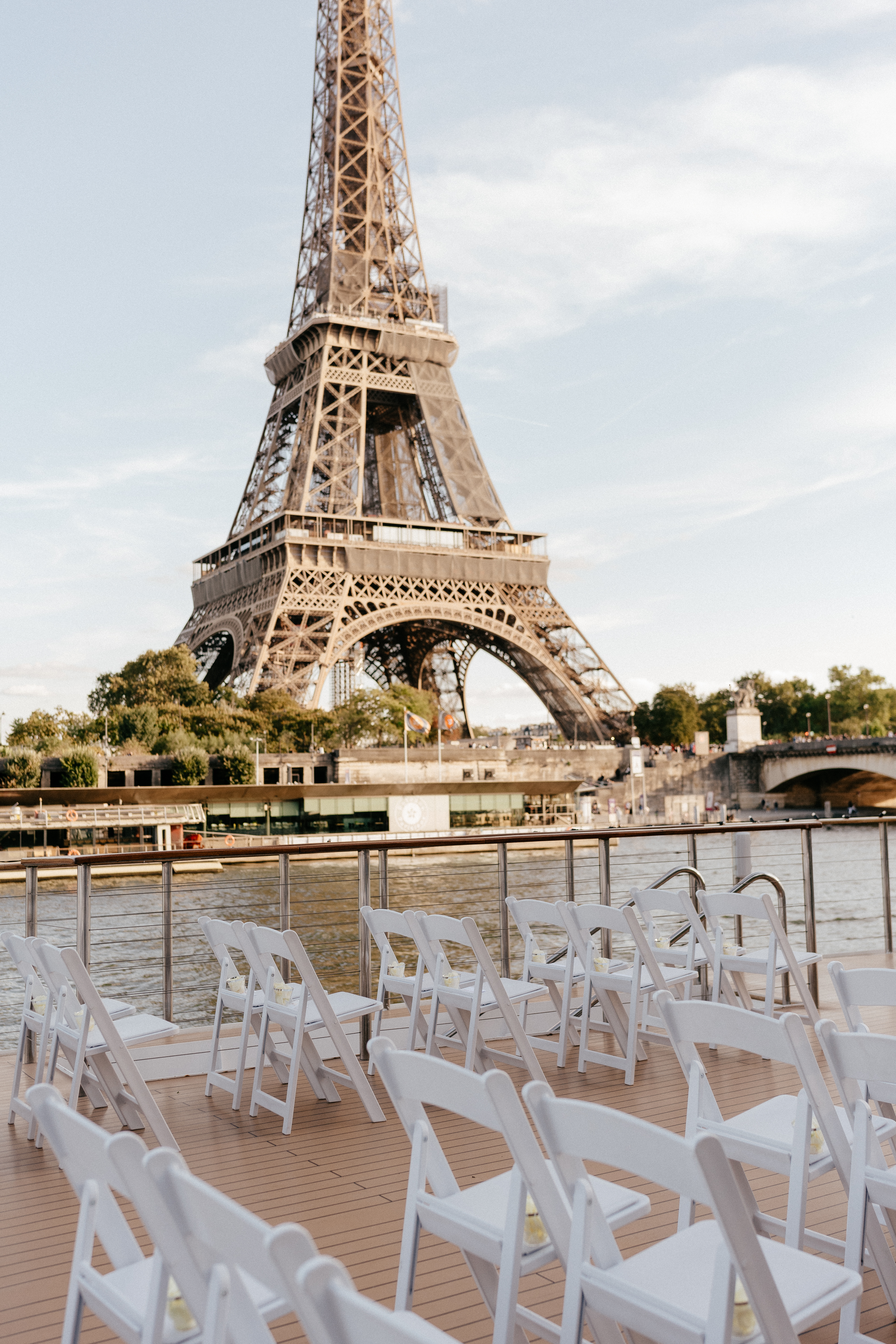 Destination elopement wedding Paris yacht ceremony with Eiffel Tower backdrop