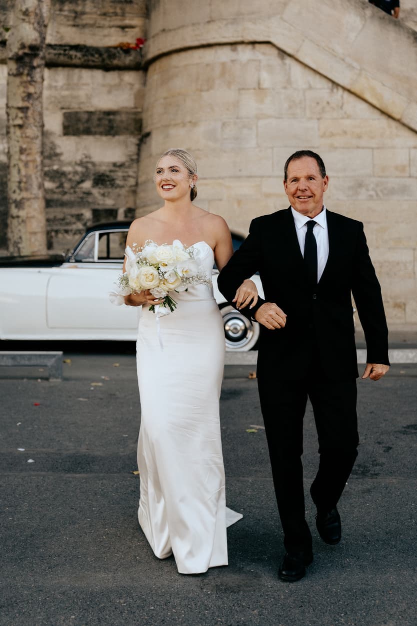 Destination elopement wedding Paris yacht ceremony bride with dad 