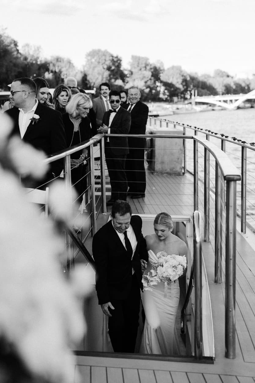 Destination elopement wedding Paris yacht ceremony bride's entrance 