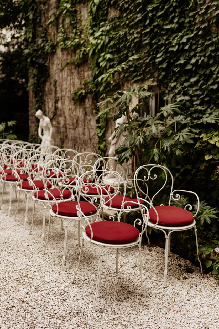 Destination elopement wedding Hotel Particulier Montmartre, Paris garden ceremony decorations 