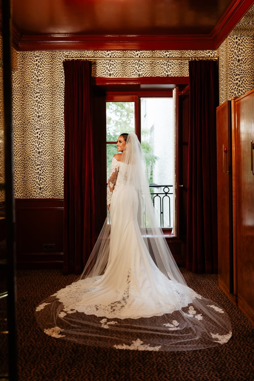 Destination elopement wedding Hotel Particulier Montmartre, Paris preparations bride  with gown 