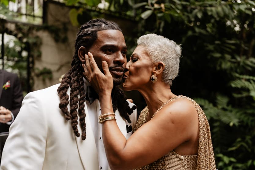 Destination elopement wedding Hotel Particulier Montmartre, Paris garden ceremony groom and his mom
