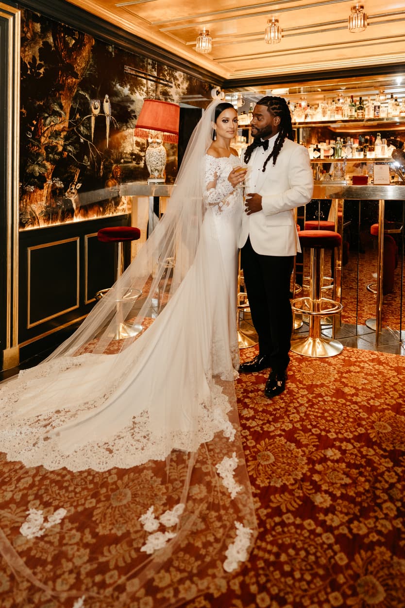 Destination elopement wedding Hotel Particulier Montmartre, Paris couple's editorial photo in the bar 