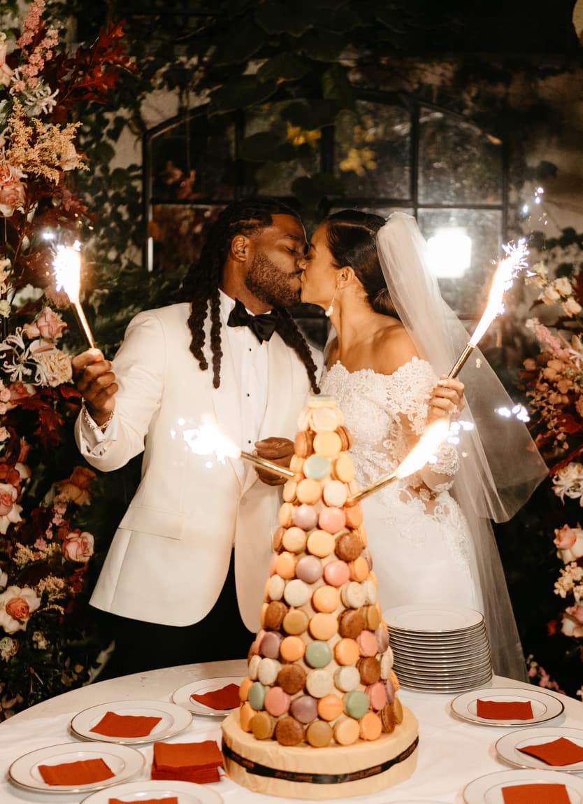 Destination elopement wedding Hotel Particulier Montmartre, Paris couple with Croquembouche and sparkles