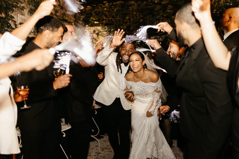 Destination elopement wedding Hotel Particulier Montmartre, Paris couple walking through shimmering aisle