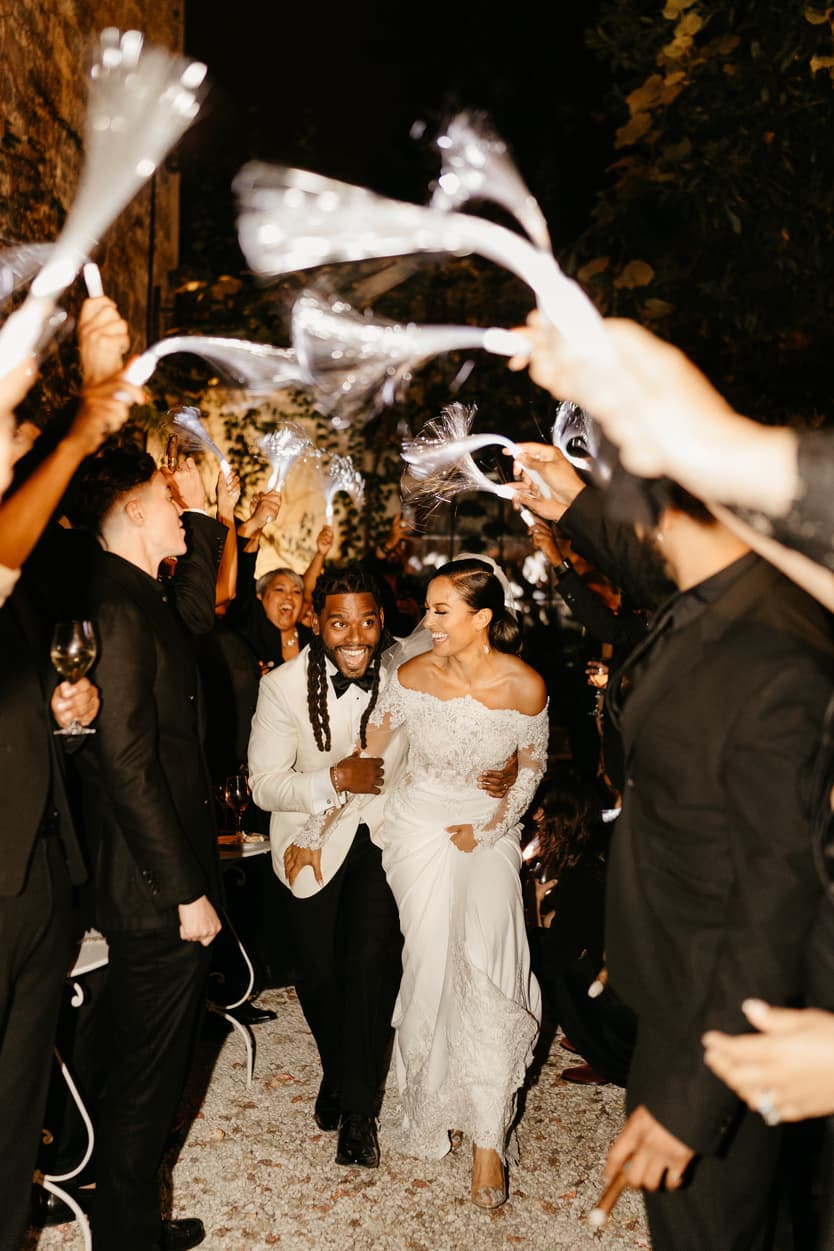 Destination elopement wedding Hotel Particulier Montmartre, Paris couple walking through shimmering aisle