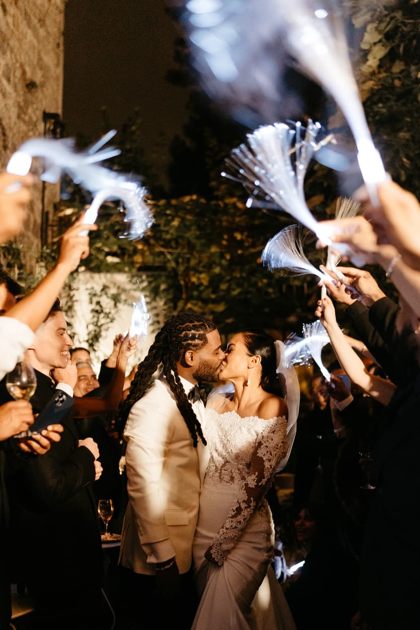 Destination elopement wedding Hotel Particulier Montmartre, Paris couple walking through shimmering aisle