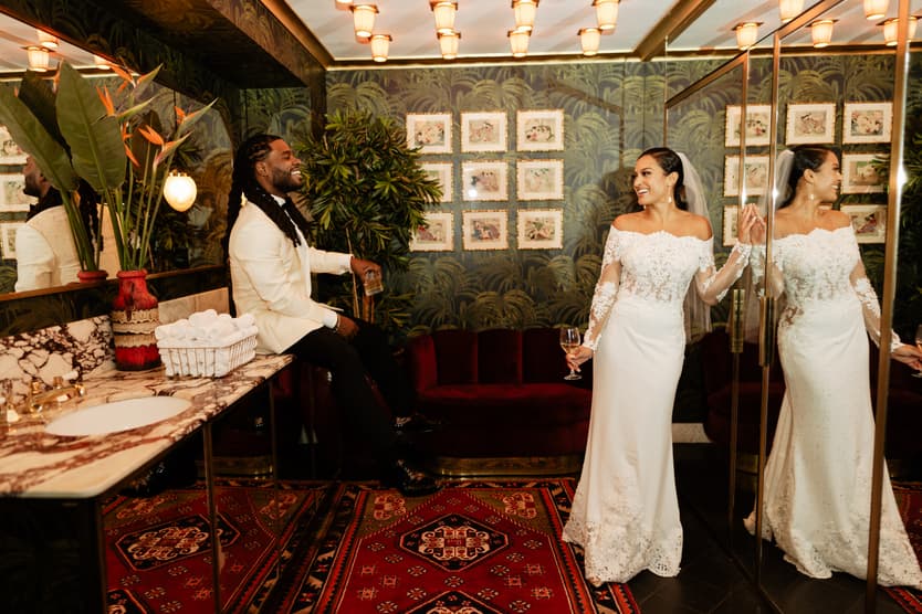 Destination elopement wedding Hotel Particulier Montmartre, Paris couple's editorial photo in the bathroom  