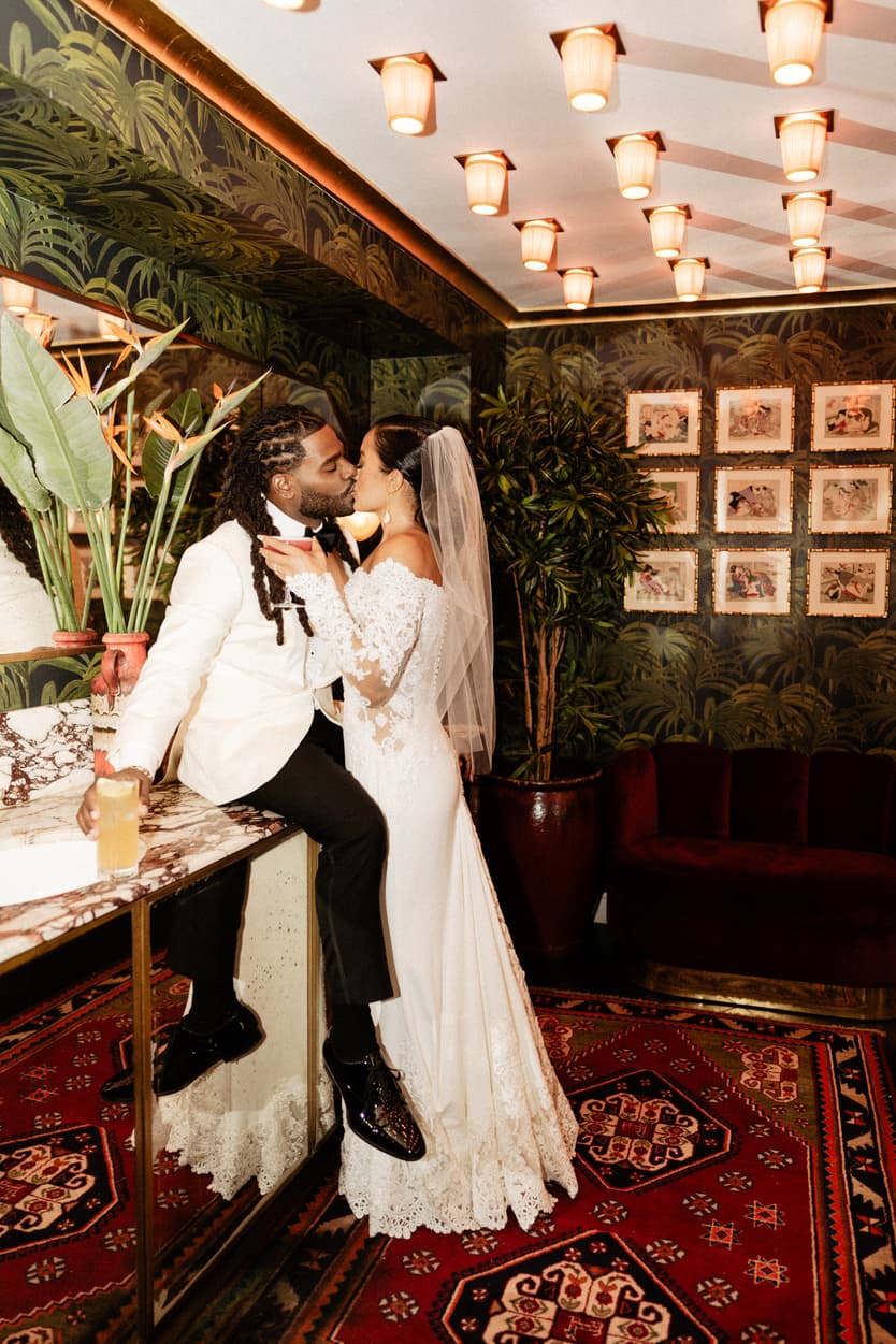 Destination elopement wedding Hotel Particulier Montmartre, Paris couple's editorial photo in the bathroom  