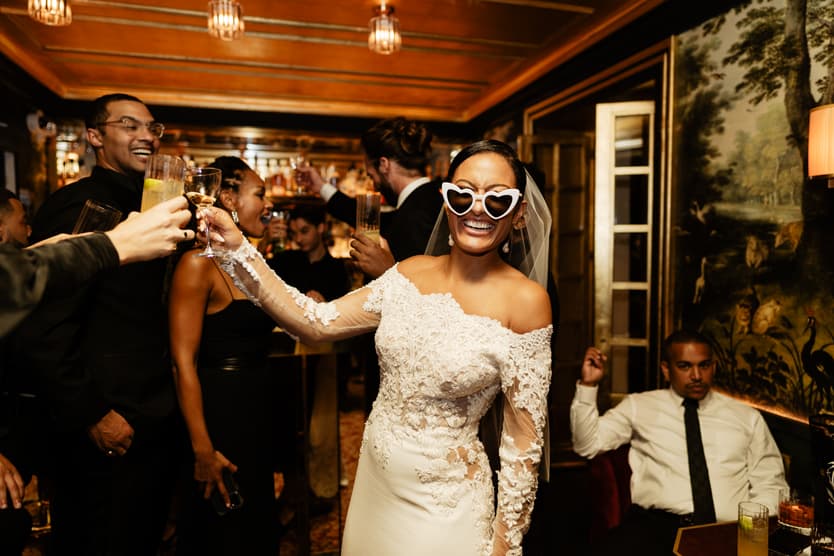 Destination elopement wedding Hotel Particulier Montmartre, Paris bride with heart sunglasses