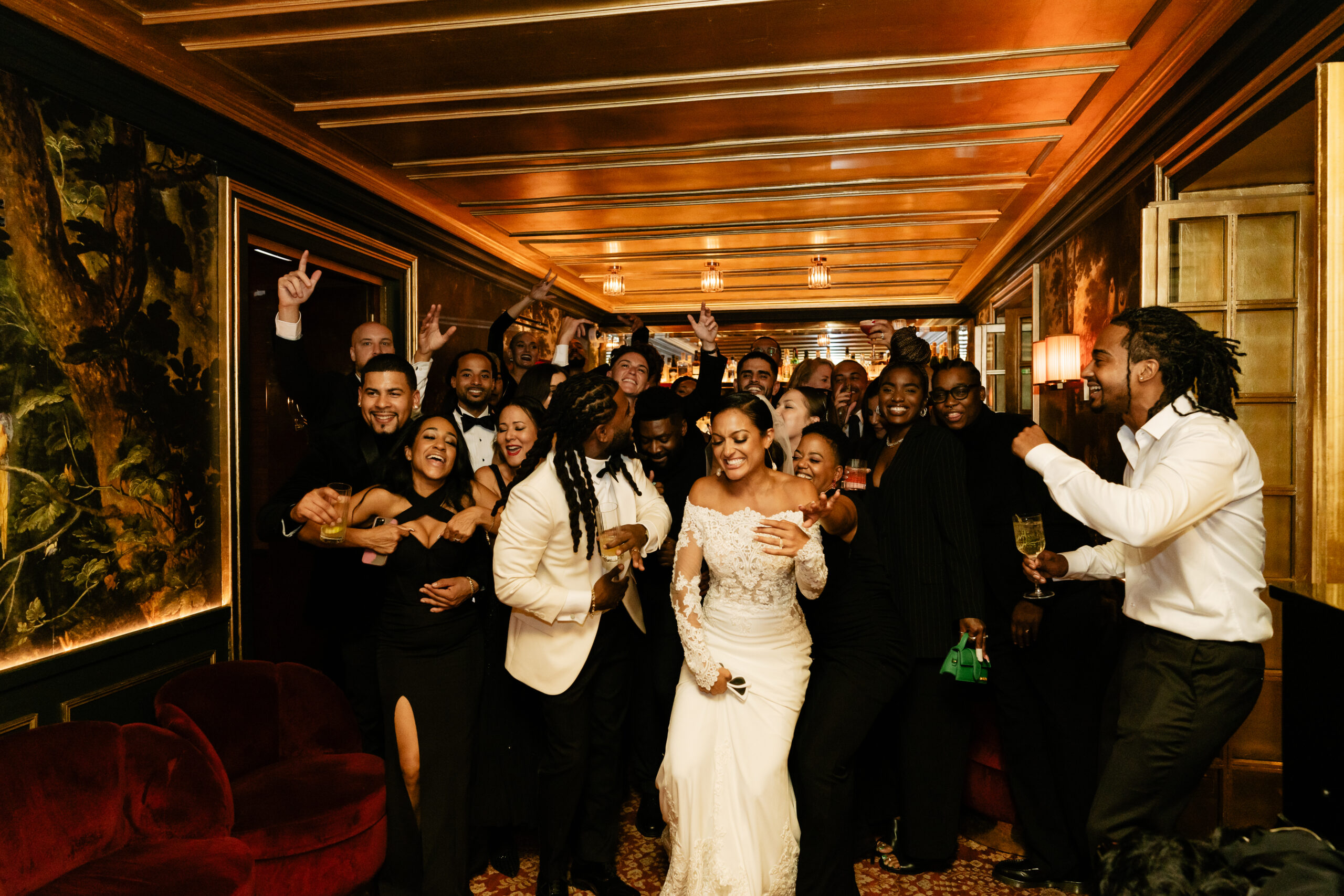 Destination elopement wedding Hotel Particulier Montmartre, Paris couple and guests dancing