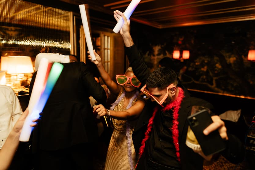 Destination elopement wedding Hotel Particulier Montmartre, Paris couple and guests dancing