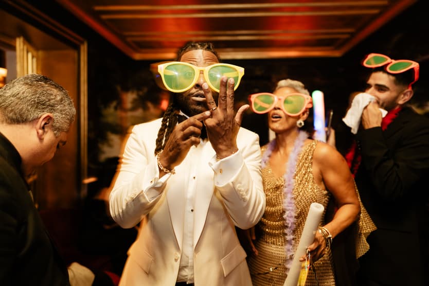 Destination elopement wedding Hotel Particulier Montmartre, Paris couple and guests dancing