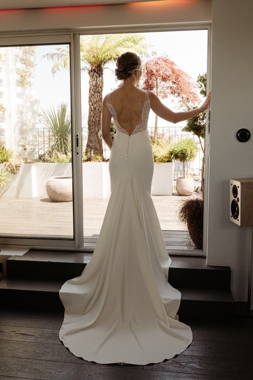 beautiful bride with wedding mermaid dress