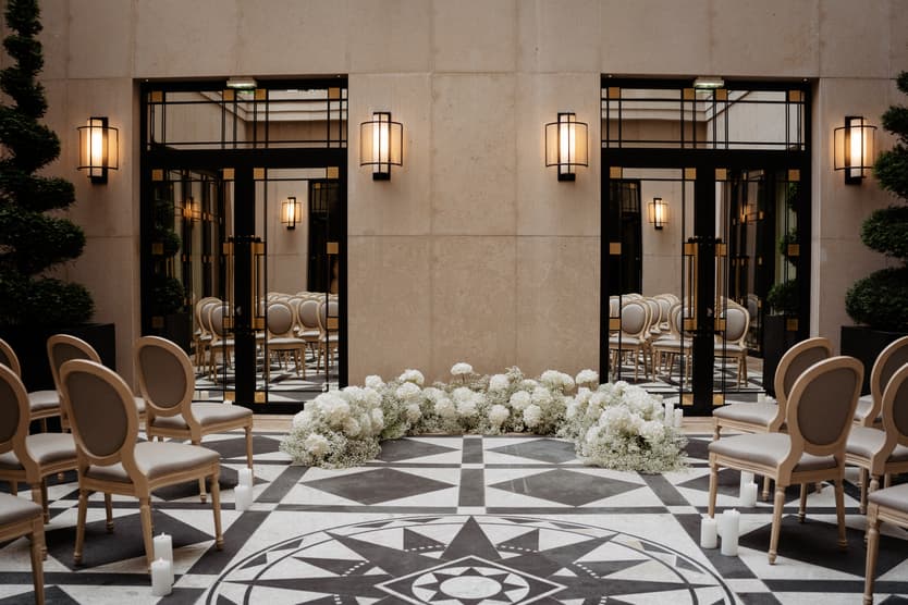 Wedding ceremony at Four Seasons hotel George V Paris with white flower decoration