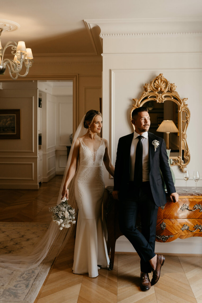 Elegant bride and groom wedding photoshoot at Four Seasons George V Hotel Paris