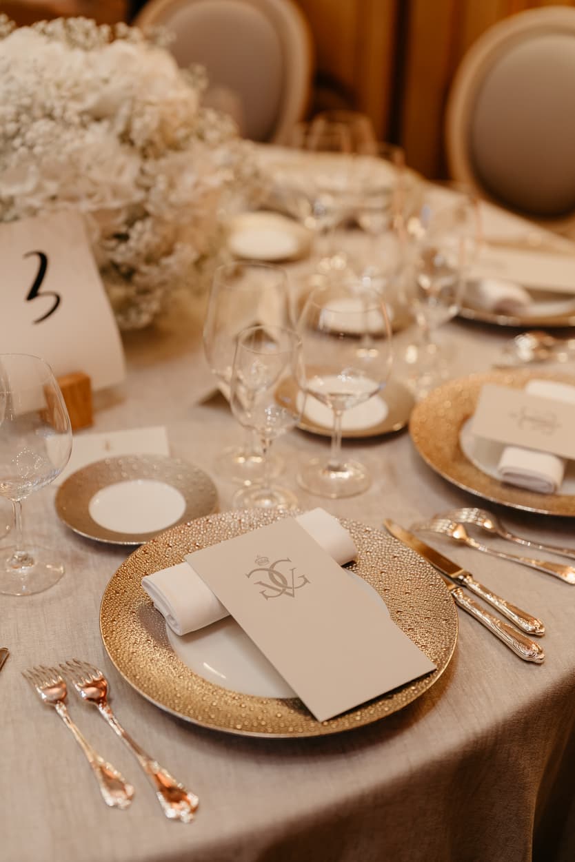 Wedding Dinner table decoration with white flower at Salon Louis III, Four Seasons Paris