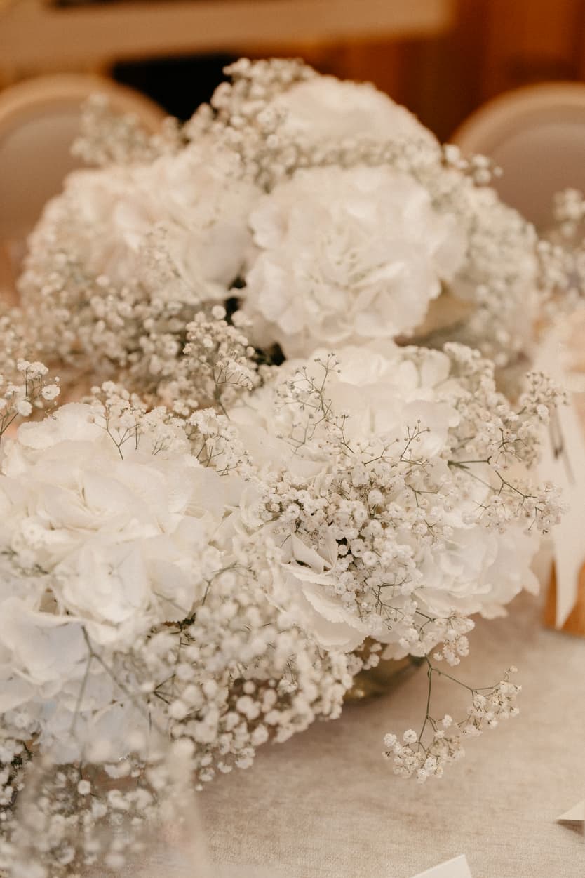 Wedding Dinner table decoration with white flower at Salon Louis III, Four Seasons Paris